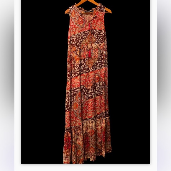 Millennium maxi dress Orange Floral Sleeveless Tassel Tiered Sz L Maxi Dress - Picture 2 of 6